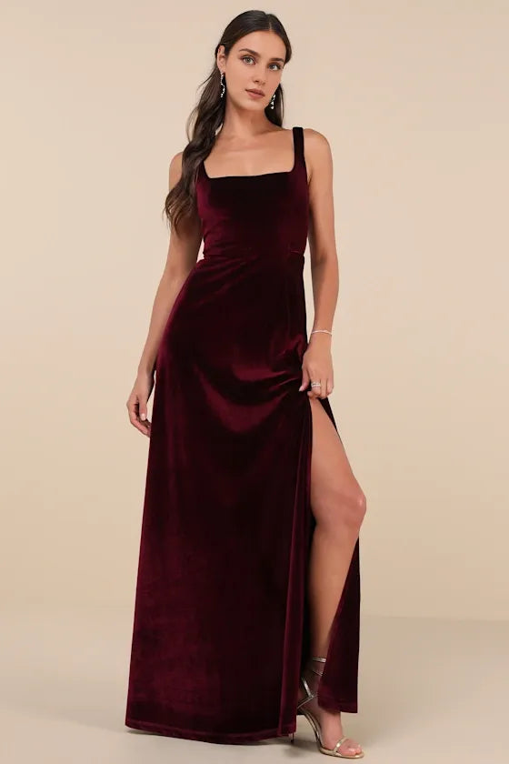 Weitese Formal Women's Dresses Graceful Dark Plum Velvet Square Neck Lace-Up Slit Maxi Dress Prom Dress Stores